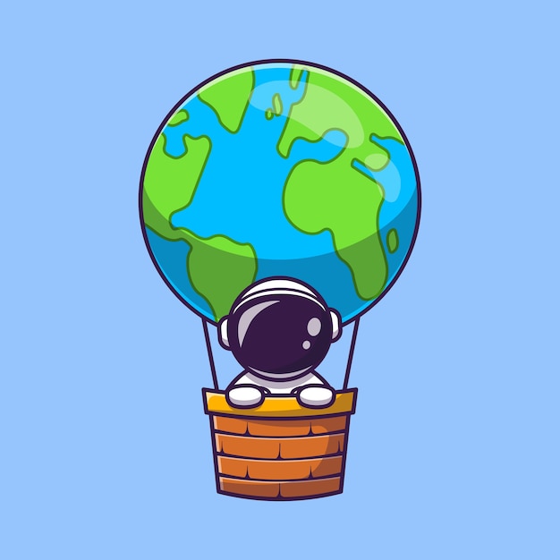 熱気球地球漫画アイコンイラストでかわいい宇宙飛行士。科学輸送アイコン概念分離。フラット漫画スタイル