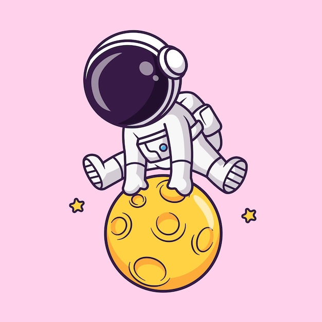 Cute astronaut jumps over moon cartoon vector icon illustration science technology icon isolated