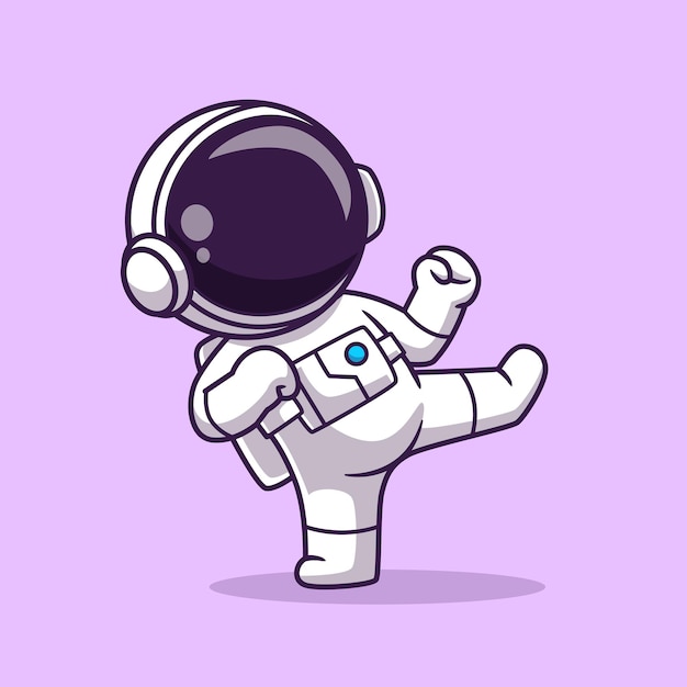 Cute astronaut karate kick cartoon vector icon illustration science technology icon concept isolated