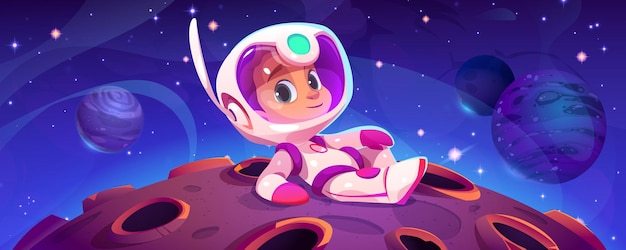 Vettore gratuito ragazzo carino astronauta sdraiato sul pianeta alieno illustrazione del fumetto vettoriale del ragazzino in tuta spaziale e casco esplorando il paesaggio lunare con crateri molte stelle che brillano nella missione spaziale del cielo notturno