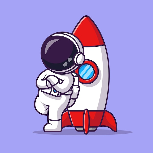 Cute astronaut lean on rocket cartoon vector icon illustration science technology icon isolated