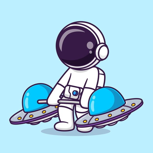 かわいい宇宙飛行士リフティングUfoバーベル漫画ベクトルアイコンイラスト科学スポーツアイコン分離