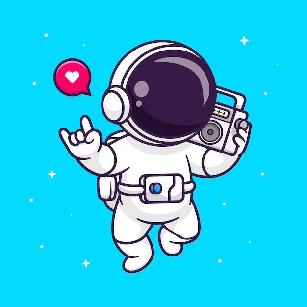 Cute Astronaut Listening Boombox In Space Cartoon Vector Icon Illustration Science Technology Icon