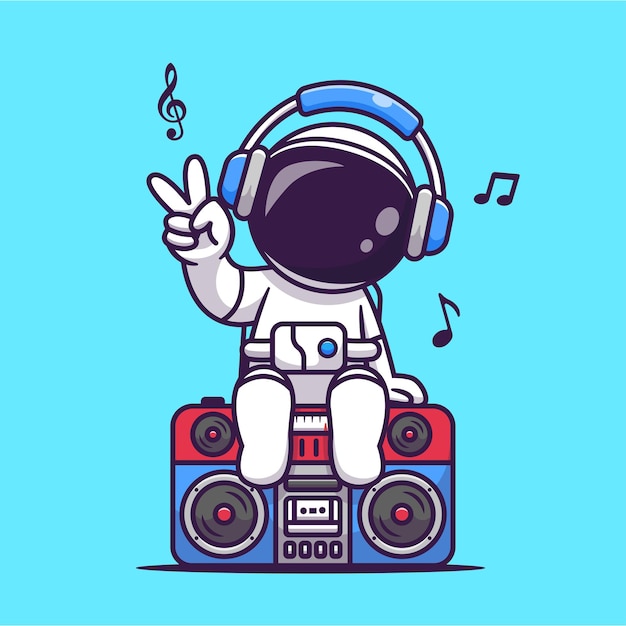ラジカセ漫画ベクトルアイコンイラストで音楽を聞いているかわいい宇宙飛行士。科学音楽アイコンの概念分離プレミアムベクトル。フラット漫画スタイル
