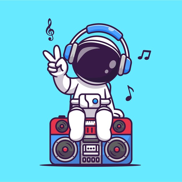 Cute Astronaut Listening Music On Boombox Cartoon Vector Icon Illustration. Science Music Icon Concept Isolated Premium Vector. Flat Cartoon Style