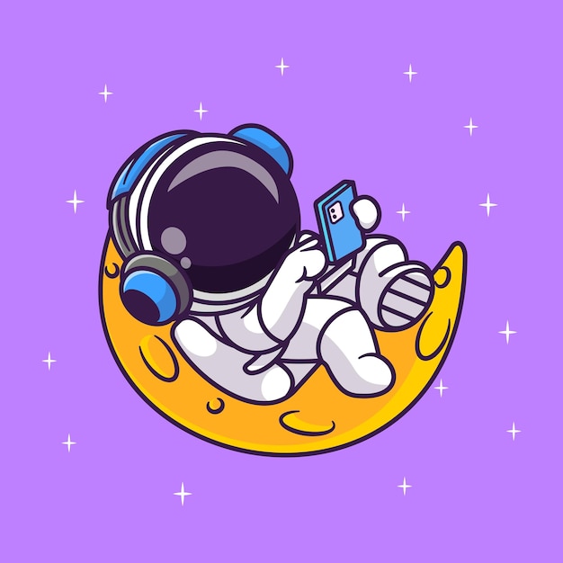 Cute Astronaut Listening Music On Moon With Headphone Cartoon Vector Icon Illustration. Science Tech