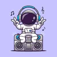 Free vector cute astronaut listening with boombox cartoon vector icon illustratiod. science technology icon concept isolated premium vector. flat cartoon style