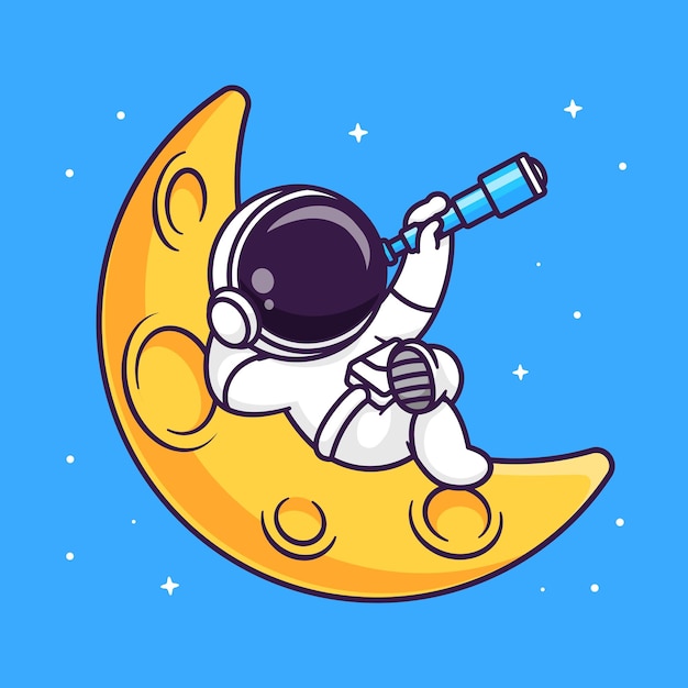 Cute Astronaut Looking Star With Telescope Cartoon Vector Icon Illustration Science Technology Icon