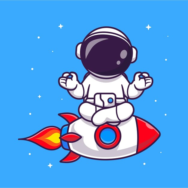 로켓 만화 벡터 아이콘 그림에 귀여운 우주 비행사 명상 요가. 과학 스포츠 아이콘 개념 절연 프리미엄 벡터입니다. 플랫 만화 스타일