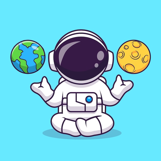 Симпатичная йога для медитации астронавтов с иллюстрацией векторной иконы луны и земли . наука техно