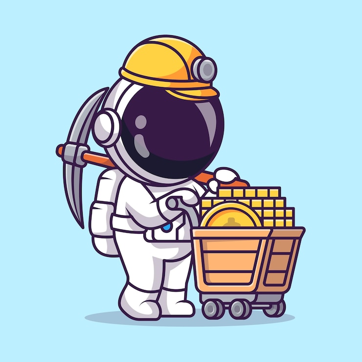 無料Vector かわいい宇宙飛行士マイニング ゴールド コイン漫画ベクトル アイコン イラスト。フラットに分離された科学金融アイコン