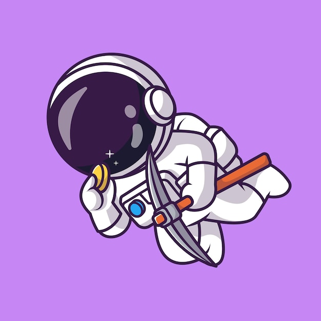 Cute astronaut mining gold coin with pickaxe cartoon vector icon illustration. science finance icon