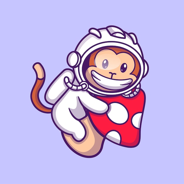 Cute Astronaut Monkey Floating With Mushroom Cartoon Vector Icon Illustration Animal Nature Icon