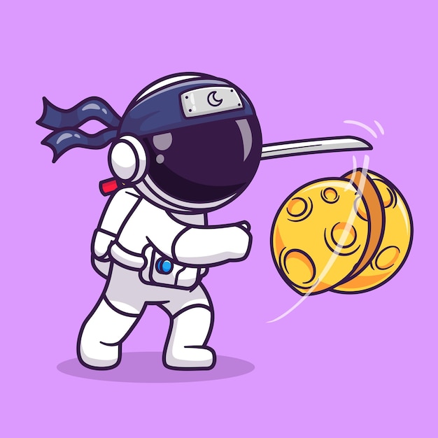 Cute Astronaut Ninja Slash Moon With Sword Cartoon Vector Icon Illustration Science Technology Icon