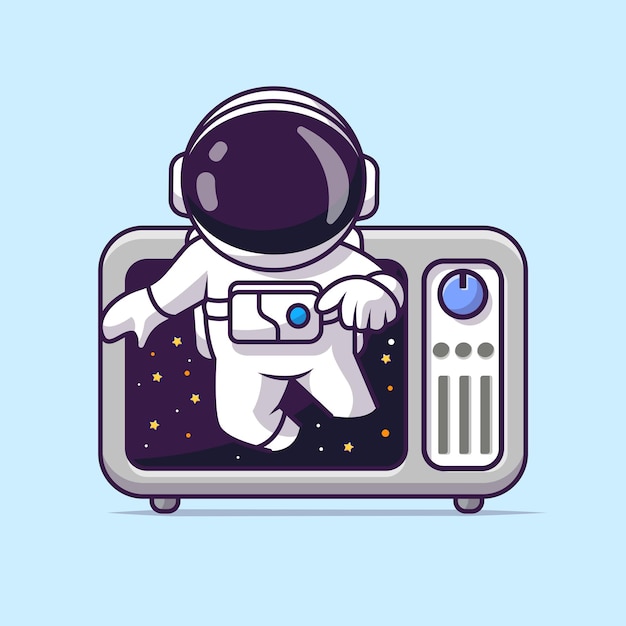 Free vector cute astronaut out of tv space cartoon vector icon illustration science technology icon isolated