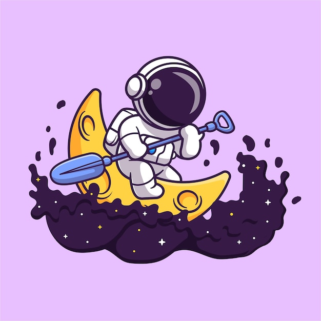Cute Astronaut Paddling Moon Boat in Space – Cartoon Vector Icon Illustration
