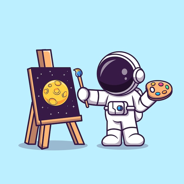 Cute astronaut painting moon cartoon vector icon illustration science technology icon isolated flat