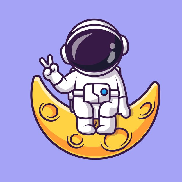 Cute Astronaut Peace Hand On Moon Cartoon Vector Icon Illustration Science Technology Icon Isolated
