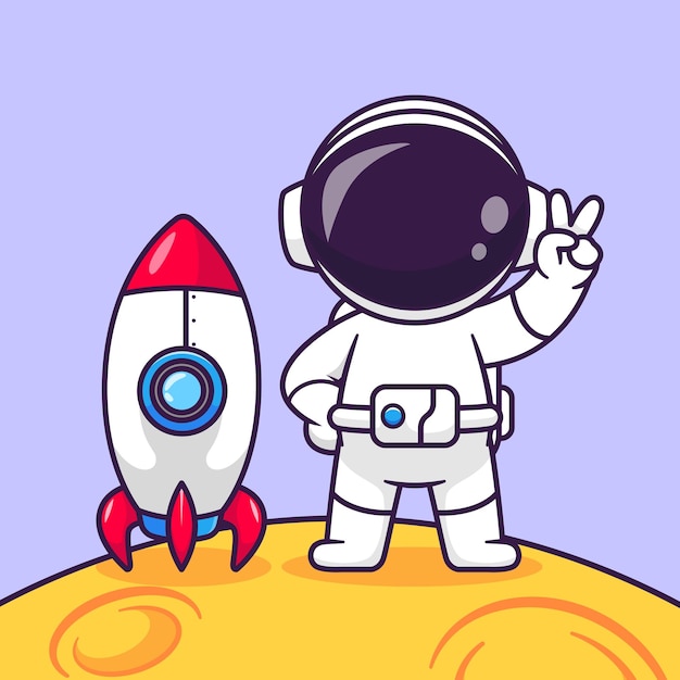 Cute Astronaut Peace On Moon With Rocket Cartoon Vector Icon Illustration Science Technology Icon