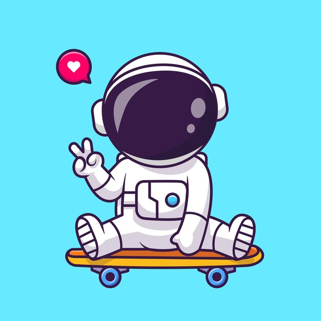 Cute Astronaut Peace Sign On Skateboard Cartoon Vector Icon Illustration Science Sport Isolated