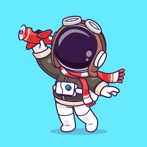 Cute Astronaut Pilot Playing Plane Toy Cartoon Vector Icon Illustration Science Transportation Icon