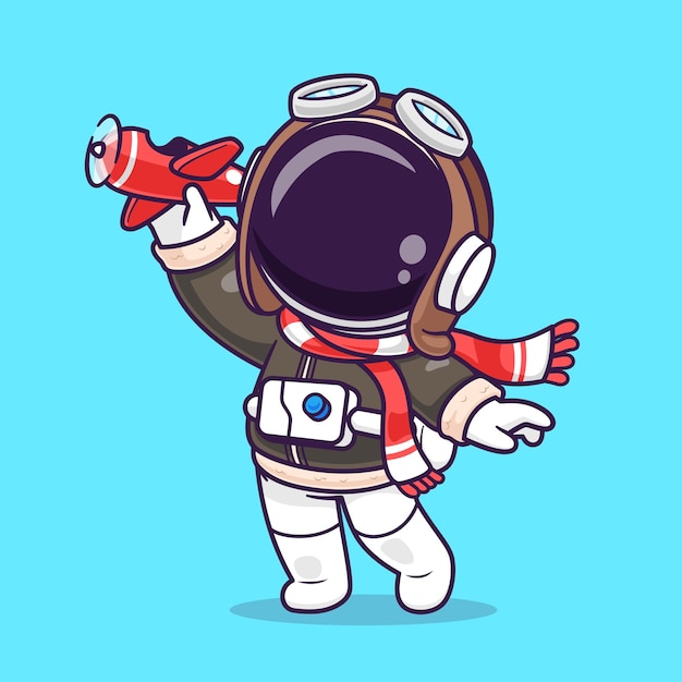 かわいい宇宙飛行士パイロットは飛行機のおもちゃを再生します漫画ベクトルアイコンイラスト科学輸送アイコン