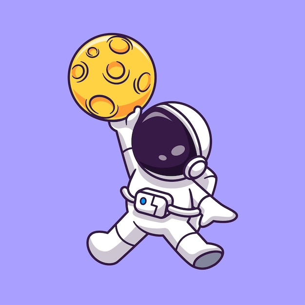 バスケットボールの月を再生するかわいい宇宙飛行士漫画ベクトルアイコンイラスト科学技術分離