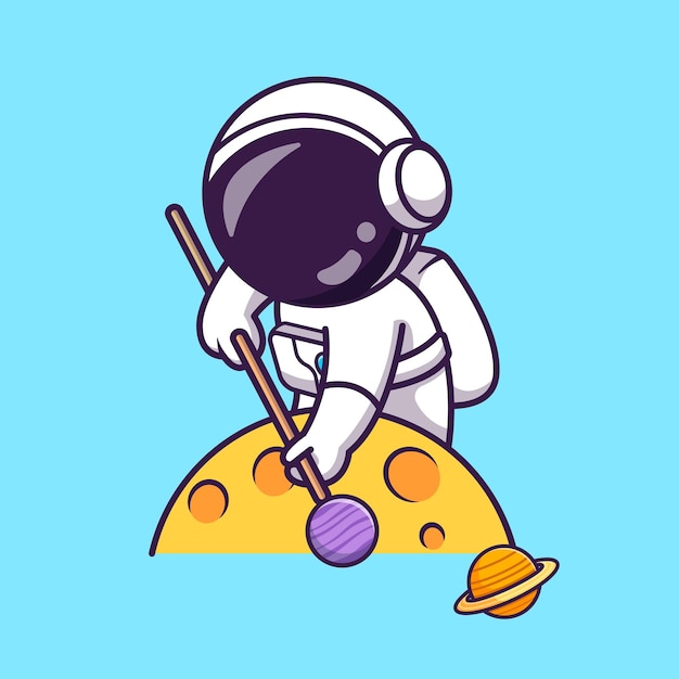 Vettore gratuito simpatico astronauta che gioca a biliardo planet ball cartoon vector icon illustration scienza sport isolato