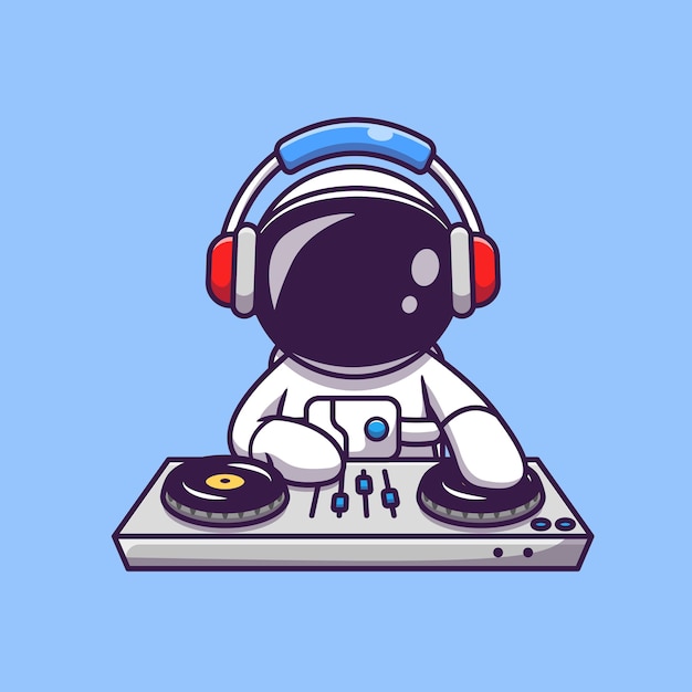 ヘッドフォン漫画アイコンイラストでDJ電子音楽を再生するかわいい宇宙飛行士。科学技術アイコンの概念