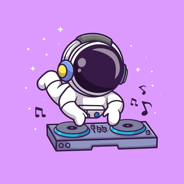 かわいい宇宙飛行士が宇宙漫画ベクトル アイコン イラストでヘッドフォンで Dj 電子音楽を再生