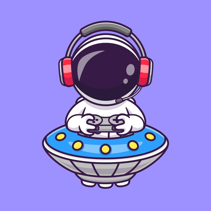 무료 Vector ufo 우주선 만화 벡터 아이콘 그림에서 헤드폰으로 게임을 하는 귀여운 우주 비행사. 노름