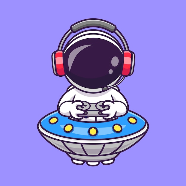 かわいい宇宙飛行士が UFO 宇宙船漫画ベクトル アイコン イラストでヘッドフォンでゲームをプレイします。ゲーム