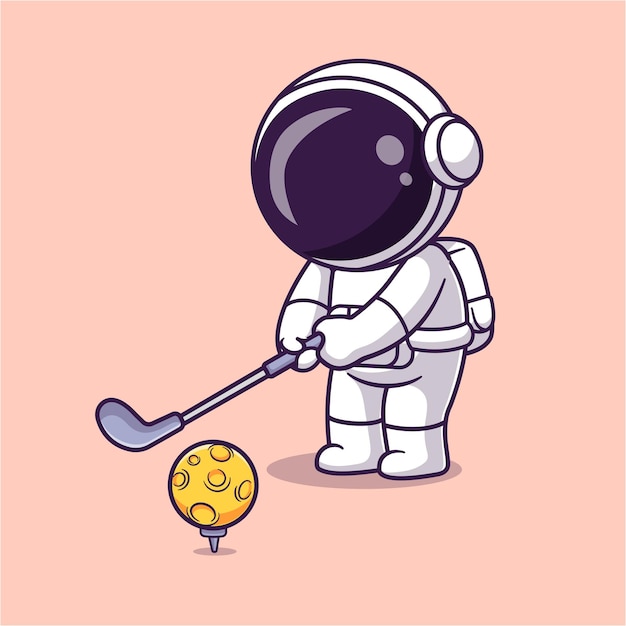 かわいい宇宙飛行士のゴルフ月漫画のベクトルのアイコンの図 科学スポーツのアイコンがフラットに分離されました