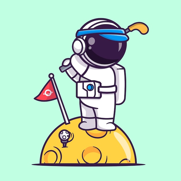 無料ベクター かわいい宇宙飛行士が月面でゴルフをしている漫画のベクトルアイコンのイラスト。分離された科学スポーツ アイコン