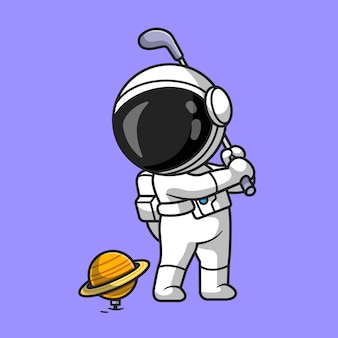 Carino astronauta giocando a golf pianeta fumetto icona vettore illustrazione. concetto di icona di scienza dello sport isolato vettore premium. stile cartone animato piatto