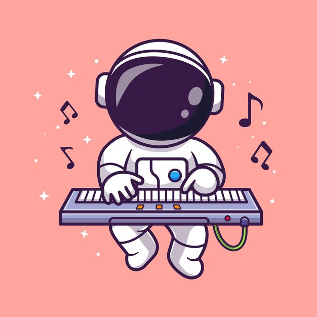 宇宙漫画のベクトル アイコン イラストでキーボード音楽ピアノを弾くかわいい宇宙飛行士。サイエンスミュージック