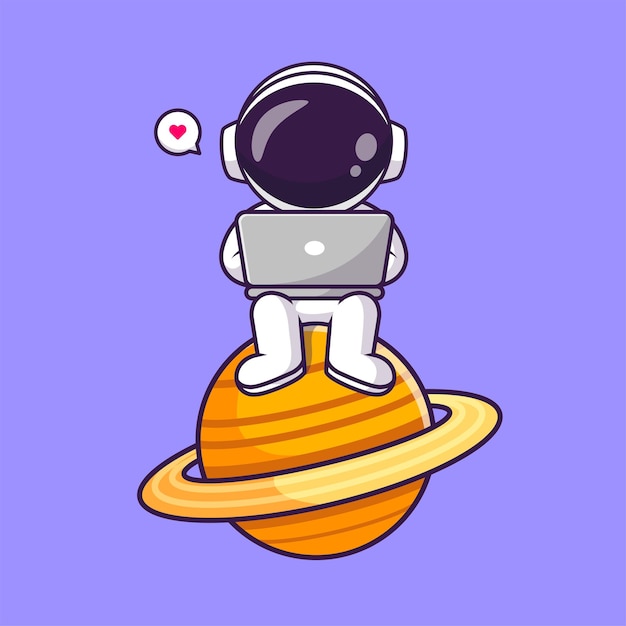 Cute astronaut playing laptop on planet cartoonvector icon illustration science technology isolated