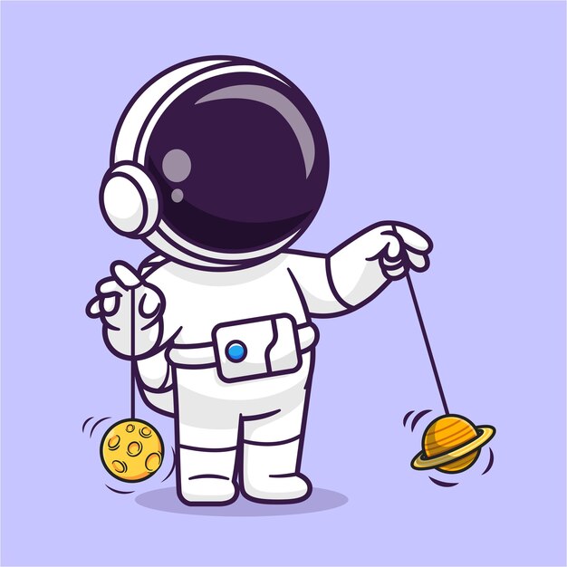 귀여운 우주 비행사 재생 행성 및 달 요요 만화 벡터 아이콘 그림 과학 스포츠 아이콘