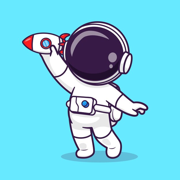 ロケットのおもちゃを再生するかわいい宇宙飛行士漫画ベクトルアイコンイラスト科学技術アイコン分離