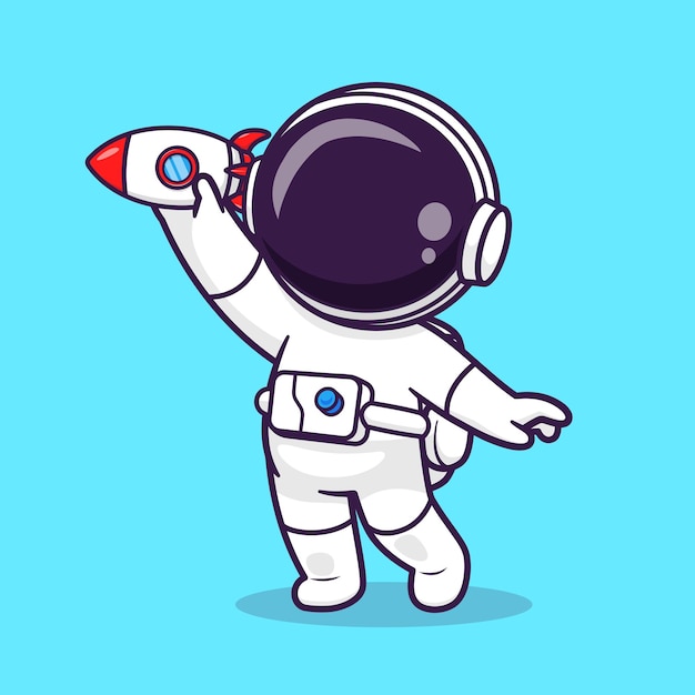 로켓 장난감 만화 벡터 아이콘 일러스트 레이 션 과학 기술 아이콘을 재생 하는 귀여운 우주 비행사 절연