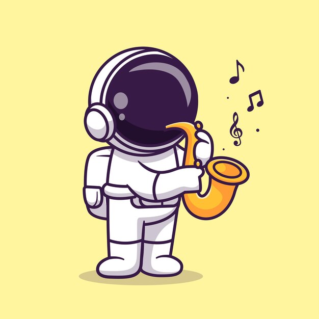 サックス音楽漫画ベクトルアイコンイラストを再生するかわいい宇宙飛行士。科学音楽アイコンコンセプト分離プレミアムベクトル。フラット漫画スタイル