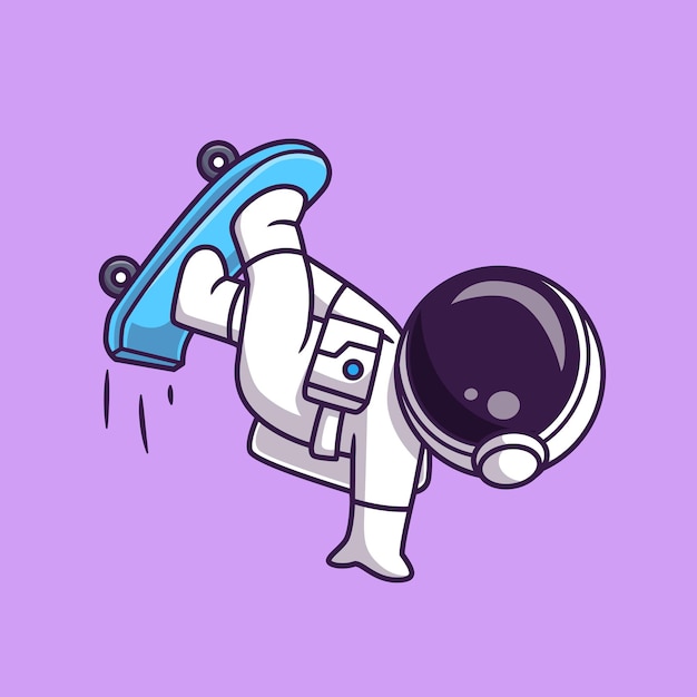 Cute Astronaut Playing Skateboard In Space Cartoon Vector Icon Illustration. Science Sport Isolated