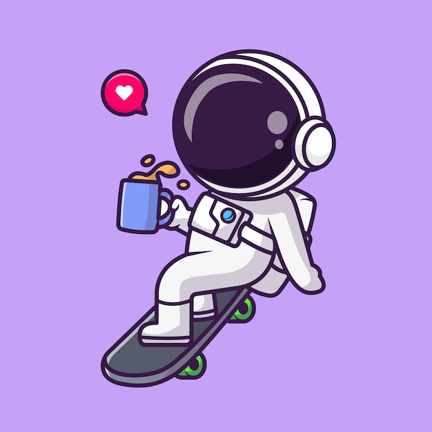 Cute Astronaut Playing Skateboard With Coffee Cartoon Vector Icon Illustration Science Sport Icon