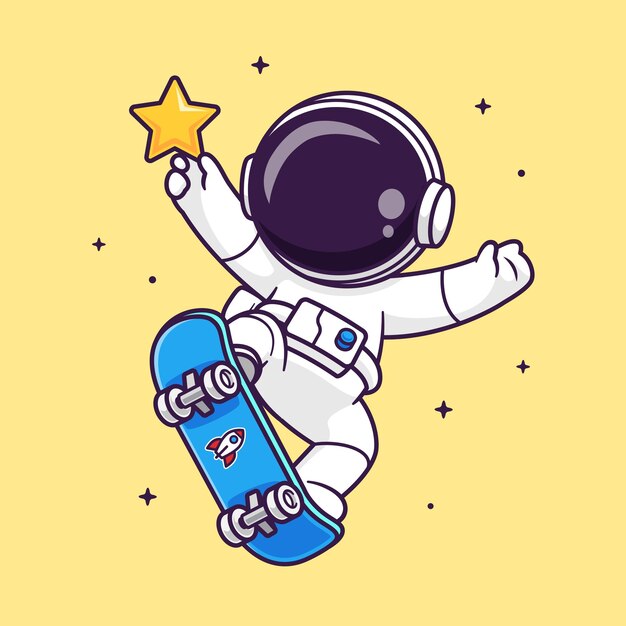 Симпатичный астронавт, играющий на скейтборде со звездным вектором мультфильма Иконка Наука Спорт изолирован