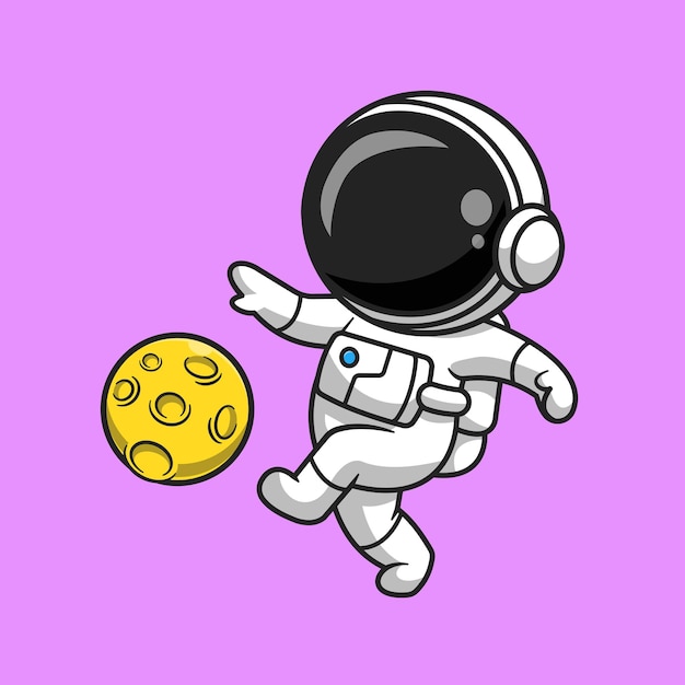 Simpatico astronauta che gioca a calcio luna fumetto icona vettore illustrazione. concetto di icona di scienza dello sport isolato vettore premium. stile cartone animato piatto