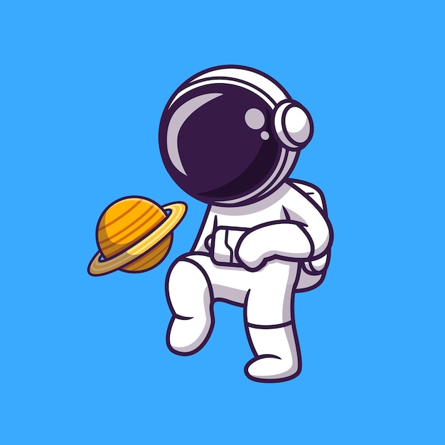 Милый космонавт играет в футбол на планете иллюстрации шаржа