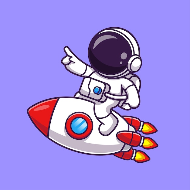 로켓 만화 벡터 아이콘 일러스트 레이 션에 가리키는 귀여운 우주 비행사 절연 과학 기술 아이콘