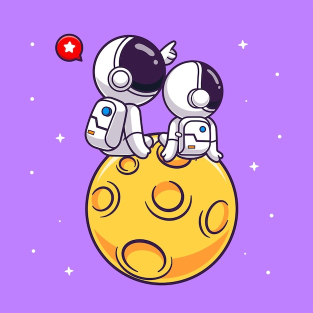 Free vector cute astronaut pointing star with baby astronaut on moon cartoon vector icon illustration. science