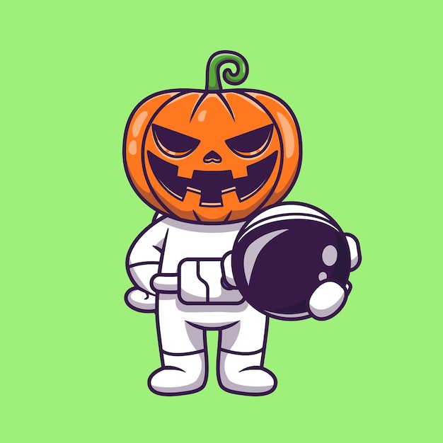 Cute Astronaut Pumpkin Halloween Holding Helmet Cartoon