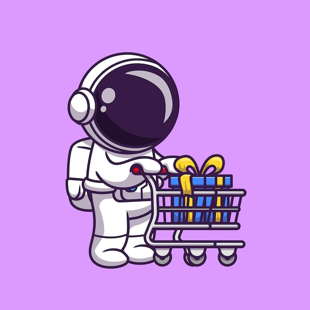 Cute Astronaut Push Trolley With Gift Cartoon Icon Illustration. Science Business Icon Concept Isolated . Flat Cartoon Style